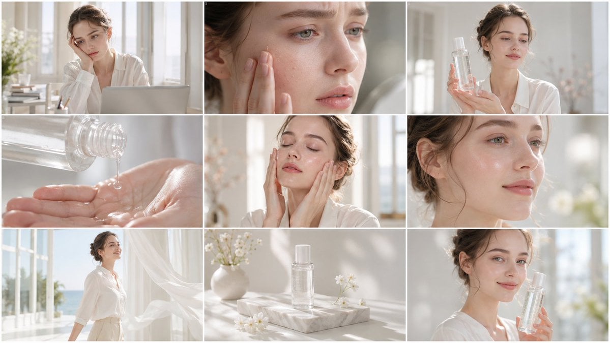 Create a clean, bright skincare commercial storyboard in a 16:9 layout with 9 panels. Use…