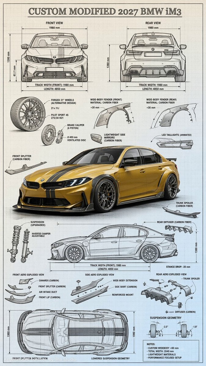 Highly detailed technical blueprint sketch and realistic 3D–render fusion of a custom mod…