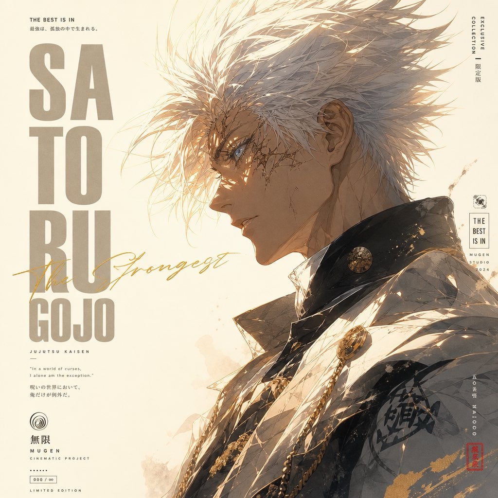 A minimalist high-fashion anime poster in vertical 9:16 format, featuring a side-profile …