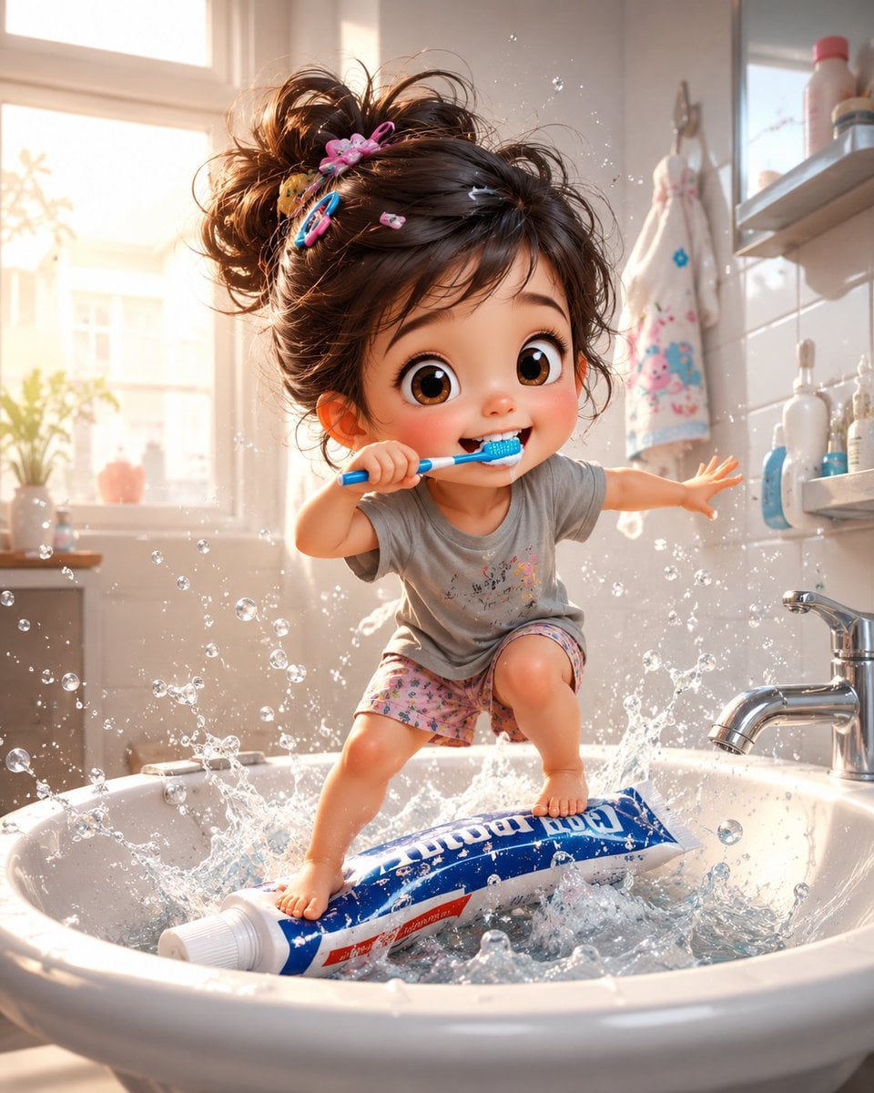 A whimsical, ultra-detailed 3D illustration of a cute toddler girl with an oversized head…