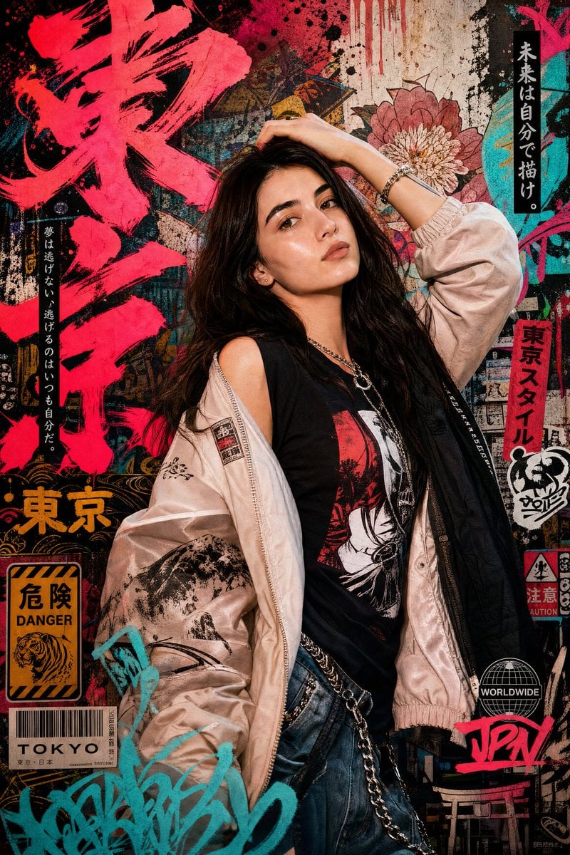 Create a high-detail portrait poster in a bold Japanese graffiti-inspired art style, comb…