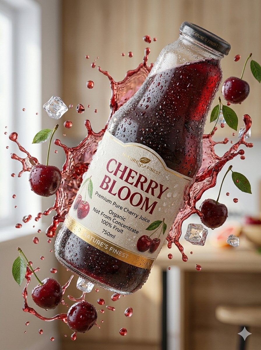 Create an ultra-realistic 3D commercial-style product shot of a premium cherry juice bott…