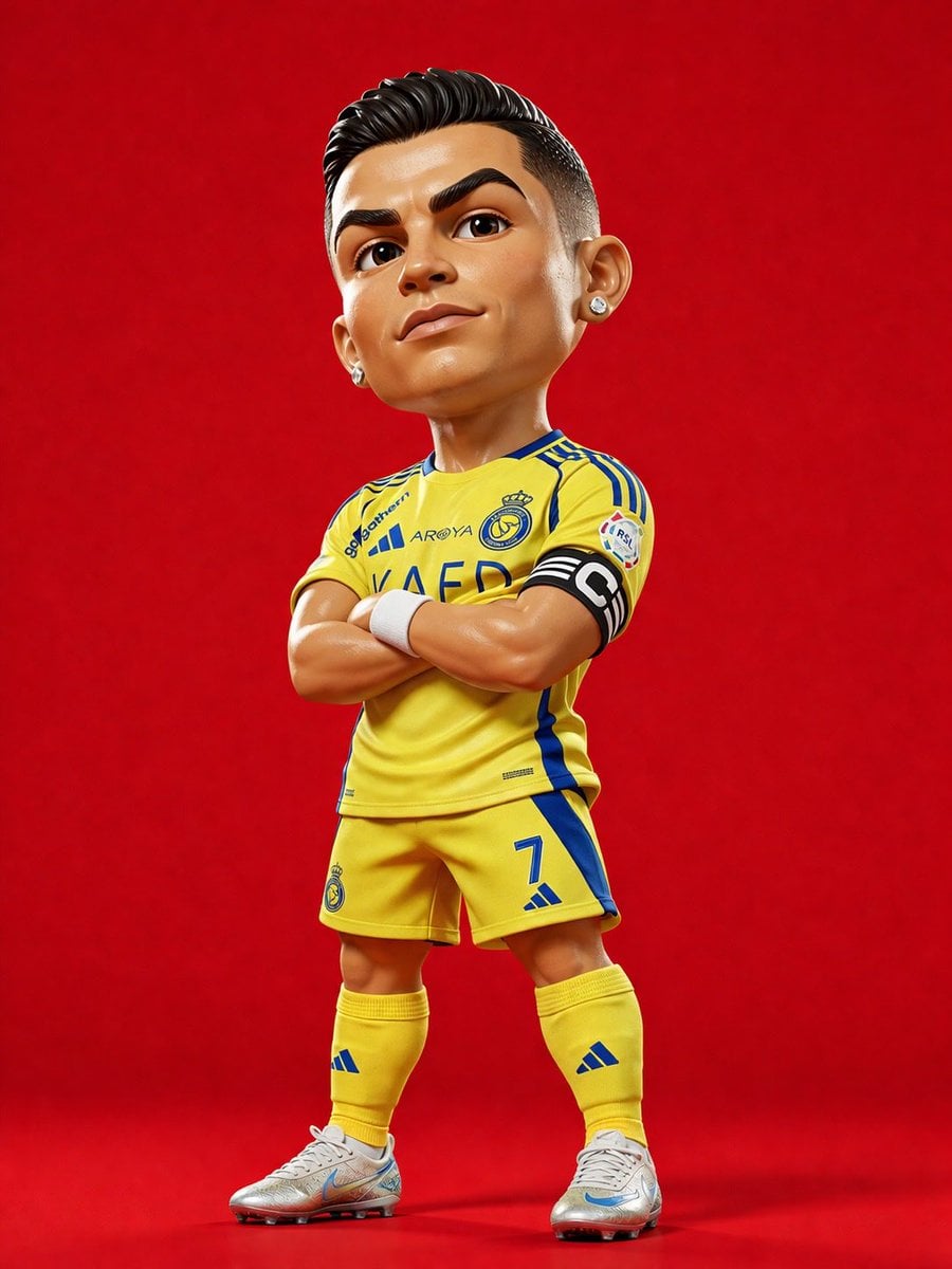 3D rendered caricature figurine of Cristiano Ronaldo, big head chibi style, wearing Al Na…