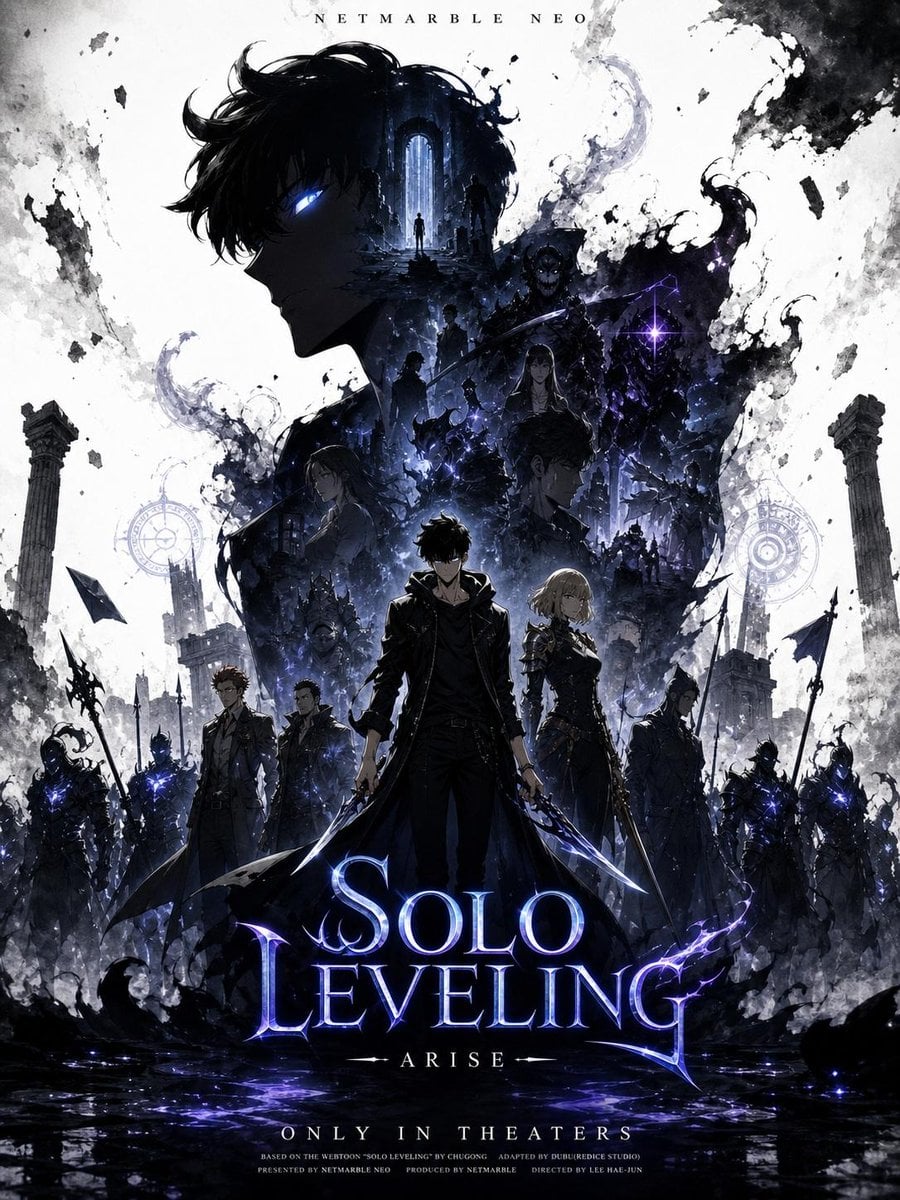 Create a promotional poster of a SOLO LEVELING-themed character with a vertical Facebook …