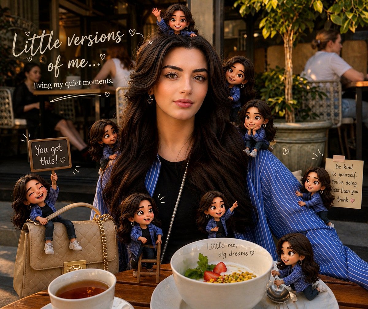 Mini “chibi 3D” versions of the same person appear around the original photo — sitting, c…