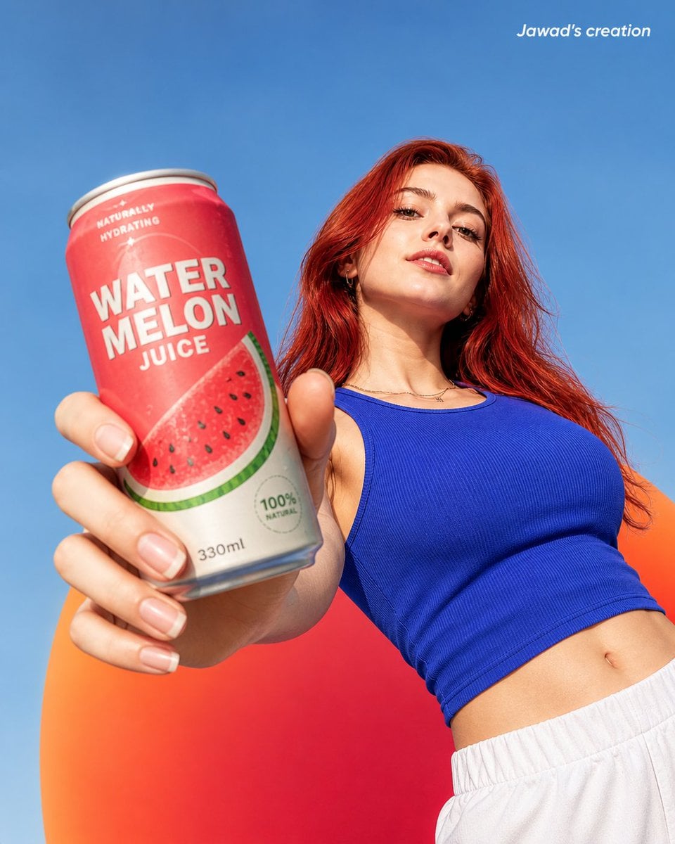 A highly realistic low-angle shot of a confident young woman with long, vibrant red hair,…