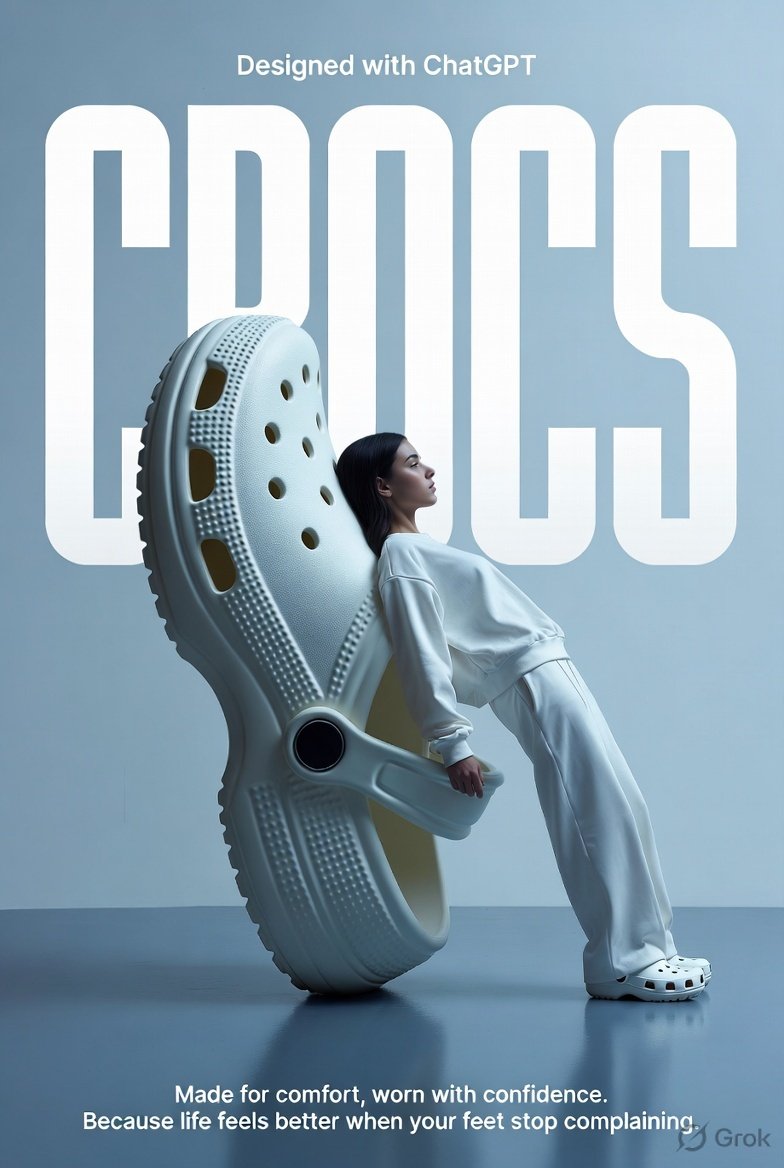 A high-fashion surrealist advertising poster for Crocs. The scene is set in a minimalist,…