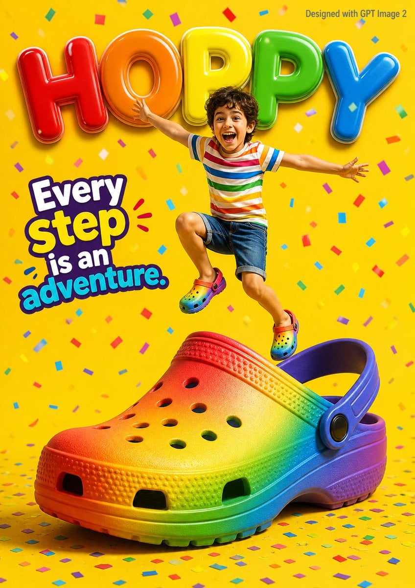 A vibrant children’s shoe advertisement poster featuring a joyful 7-year-old boy jumping …