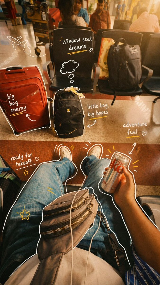 POV travel photography of a person sitting at an airport and inside an airplane, casual o…