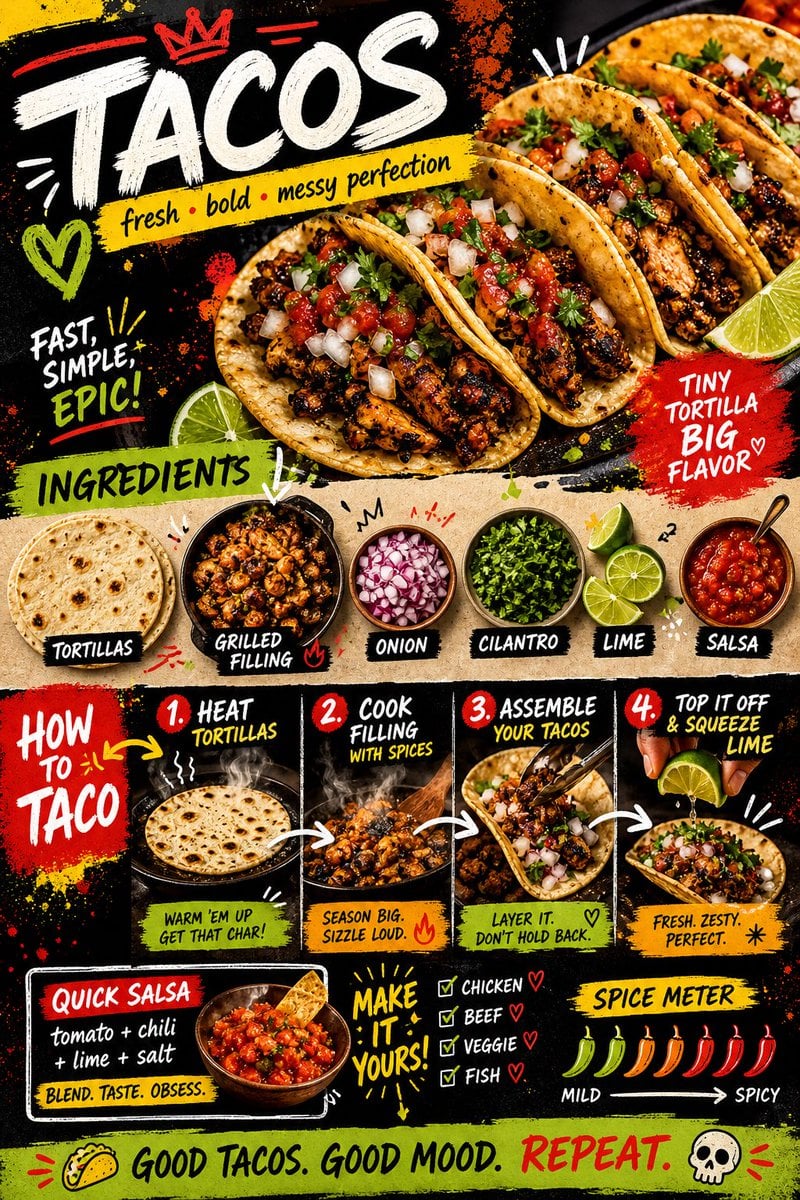 Create a bold, vibrant, street-style recipe card for “Tacos” designed for social media vi…