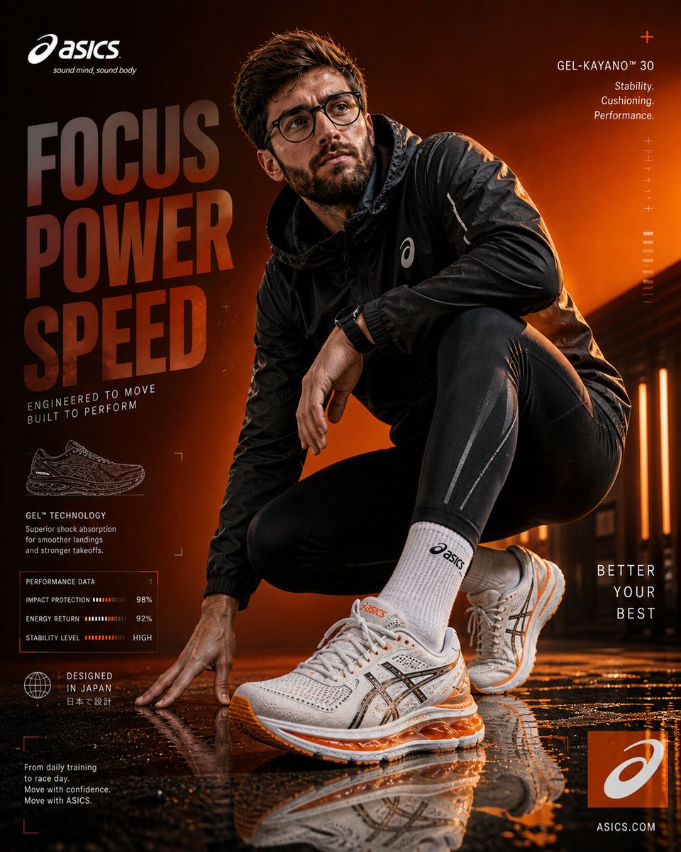 Create an ultra-high resolution (8K) premium ASICS sportswear advertisement with a cinema…