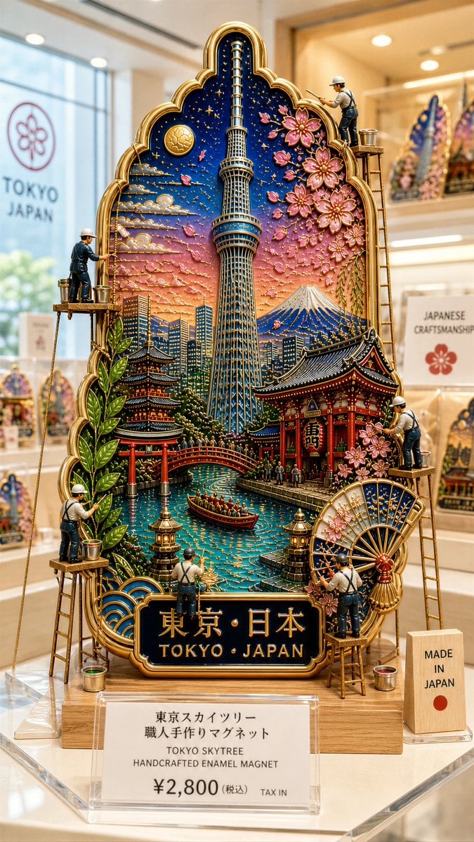 Ultra-premium cloisonné enamel collectible fridge magnet displayed inside a bright, high-…