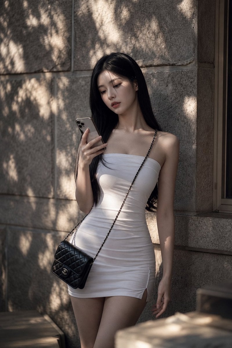 Realistic photography, portrait of a beautiful korean idol with long sleek straight black…