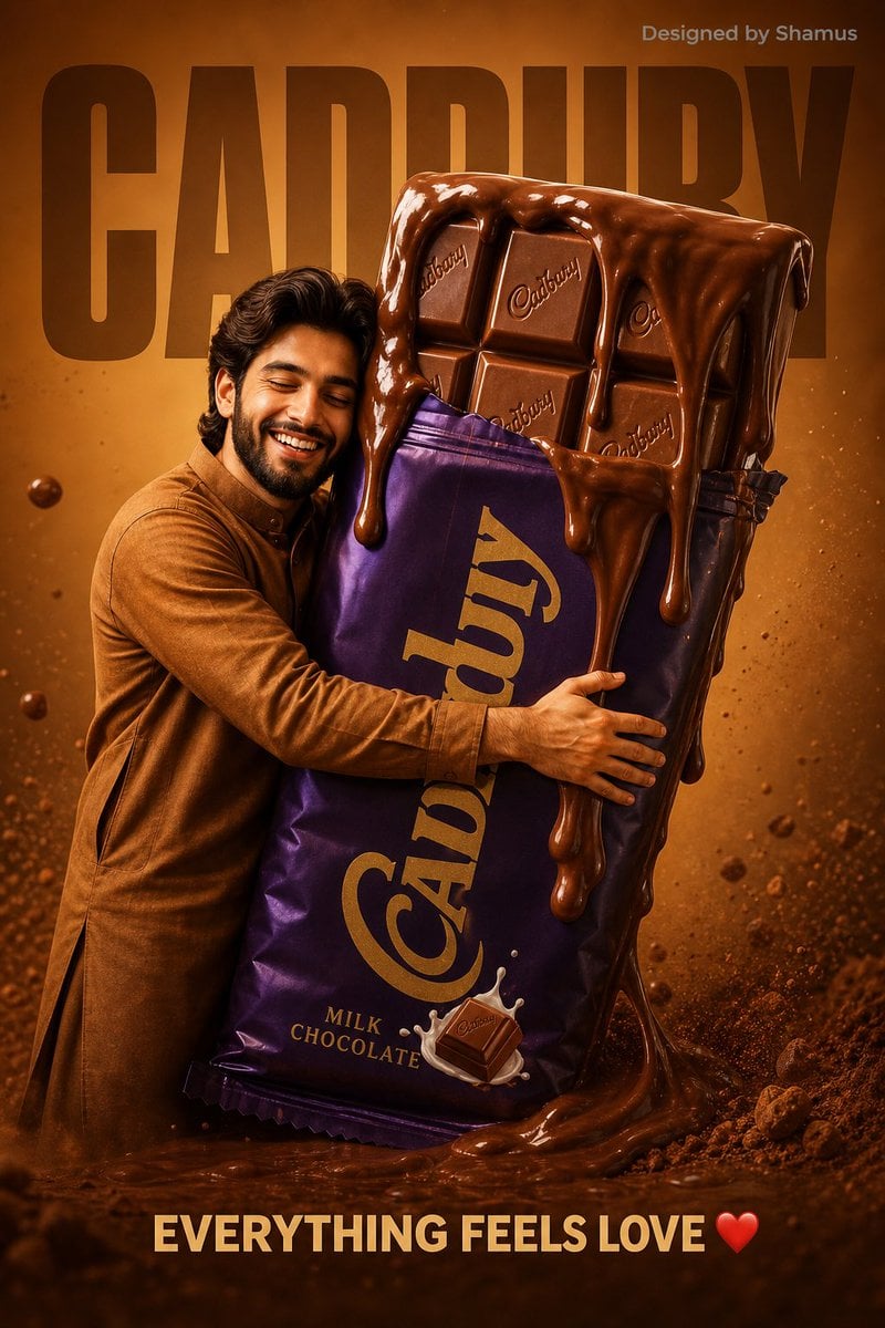 playful food advertisement poster. A happy young KASHMIRI MAN in a caramel-brown outfit h…