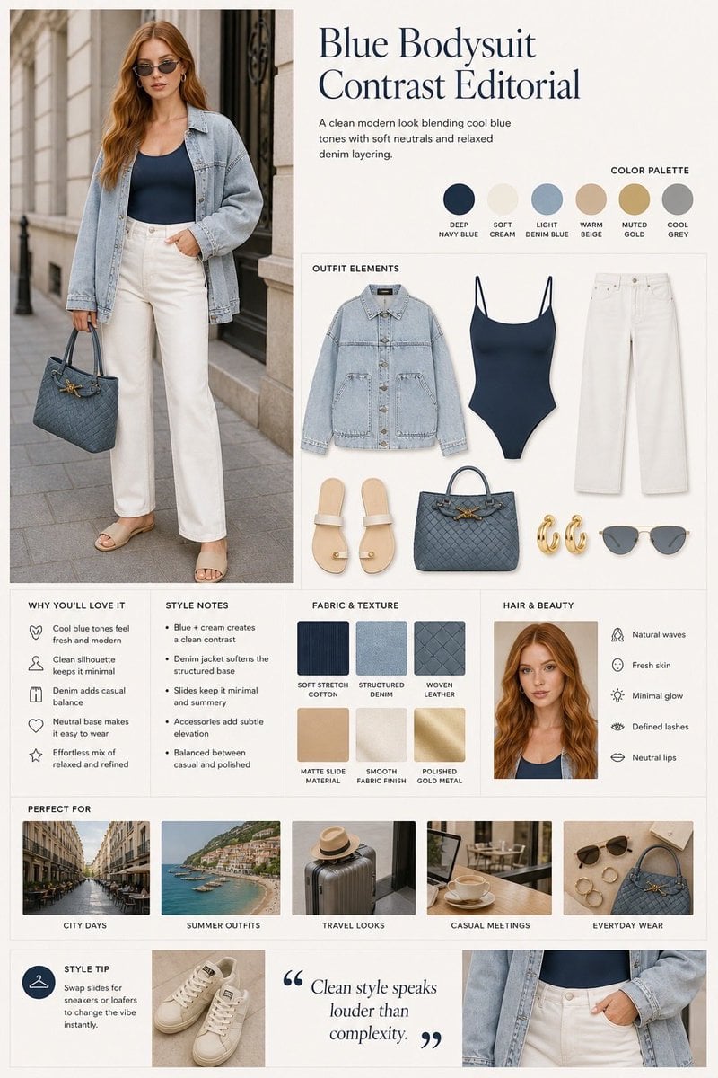 Fashion editorial layout, split design with model photo on the left and styled outfit boa…