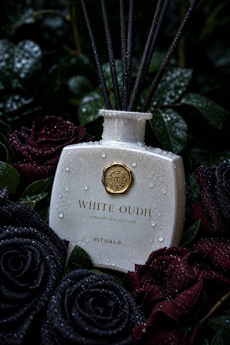 Ultra-realistic luxury product photography of a white creamy glass reed diffuser bottle l…