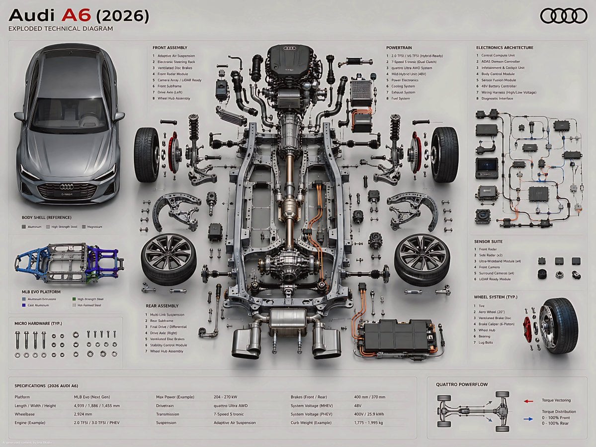 Create an ultra-high fidelity exploded technical diagram of a 2026 Audi A6, presented as …
