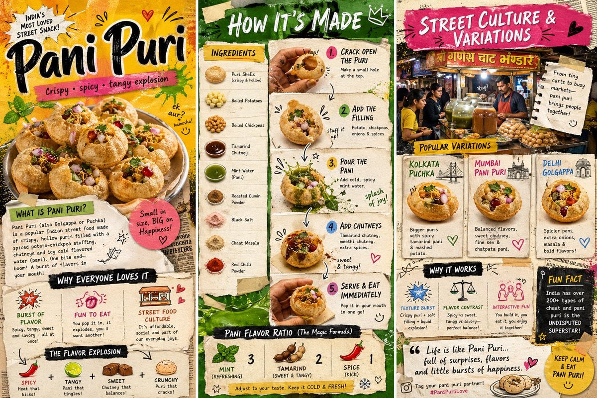 Create a vibrant, colorful 3-page zine-style infographic about a trendy Indian street foo…