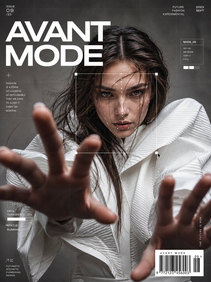 Ultra-realistic fashion editorial portrait of a confident woman in avant-garde white cout…