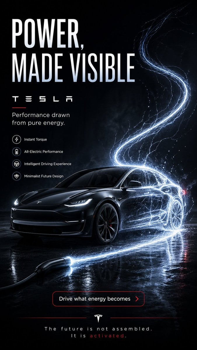 Create a brilliant 9:16 vertical advertising poster for Tesla. The concept must be futuri…