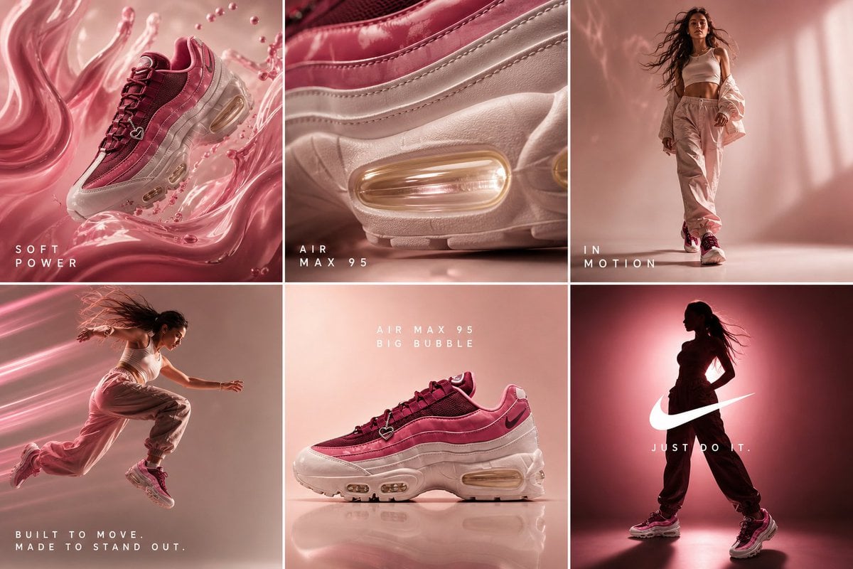 cinematic 6-frame grid (3x2), ultra-premium campaign for Nike Air Max 95 “Big Bubble” in …