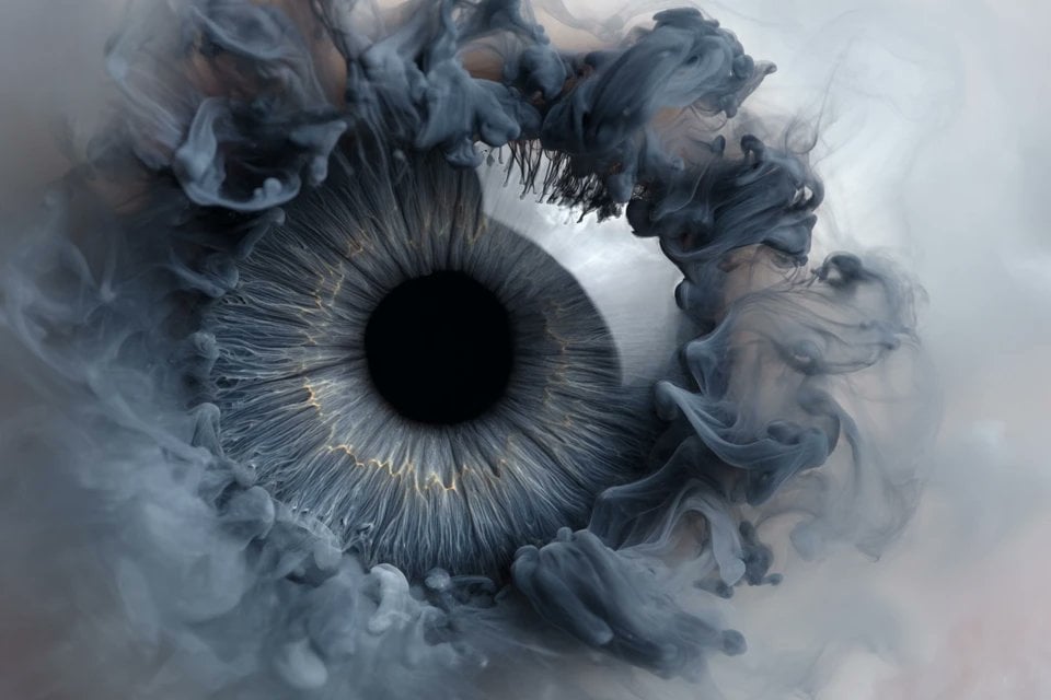 A [subject] emerges from swirling liquid plumes suspended in milky water, shaped by flowi…