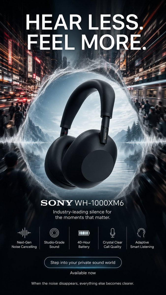 Create a high-end 9:16 vertical advertising poster for "SONY WH-1000XM6". The creative co…