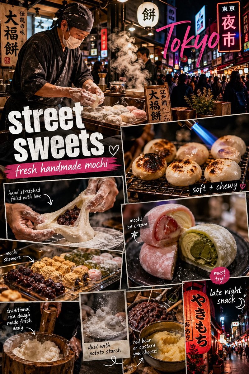 A vibrant Tokyo street food scene focused on Japanese mochi desserts, styled as a dynamic…