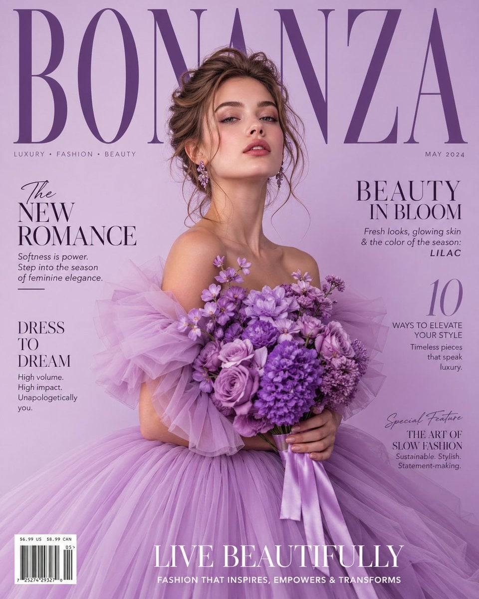 A luxury high-fashion magazine cover in a soft light purple (lavender) gradient backgroun…
