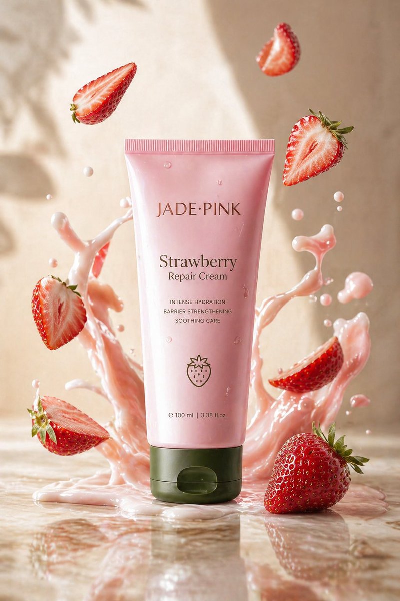 A sleek jade-pink tube labeled "Strawberry Repair Cream" upright on glossy marble, surrou…