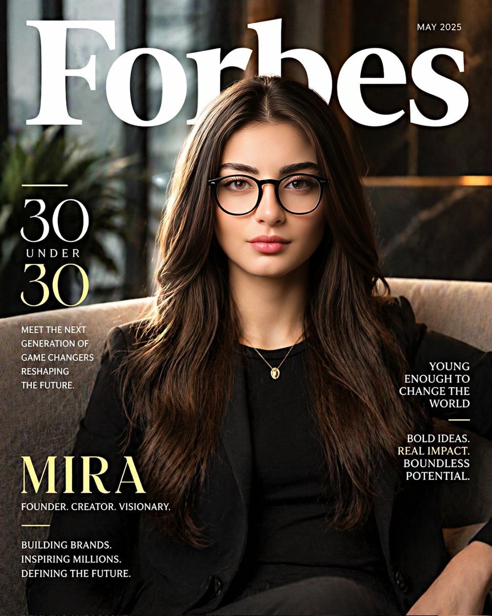 Create a hyper-realistic Forbes “30 Under 30” magazine-style portrait of the same woman f…