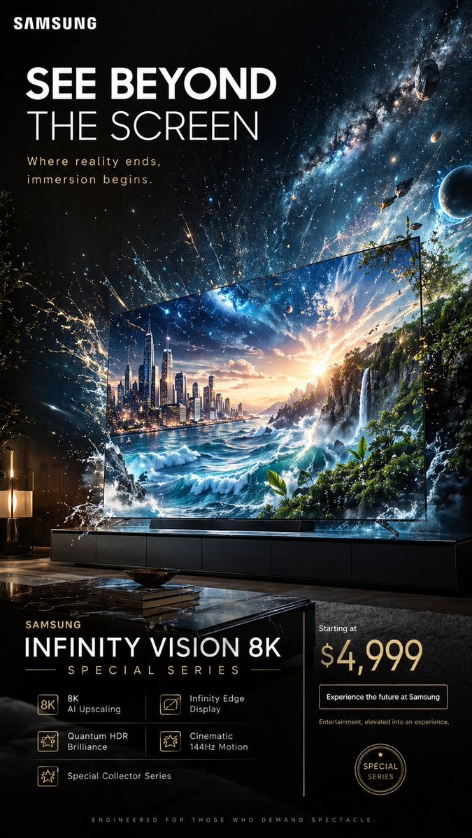 Create a spectacular 9:16 vertical advertising poster for a fictional premium television …