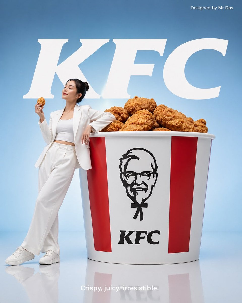 Minimalist commercial ad featuring oversized KFC bucket, ultra-clean design. A young woma…