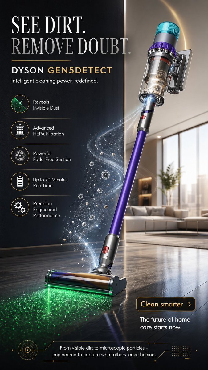 Create a visually brilliant 9:16 premium advertising poster for "DYSON GEN5DETECT". The c…