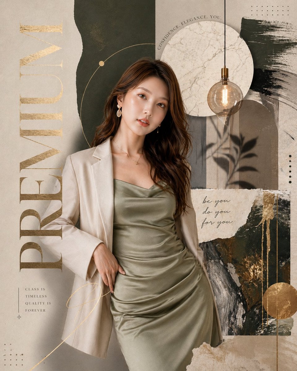 Luxury fashion editorial poster, premium magazine collage style, earthy neutral color pal…