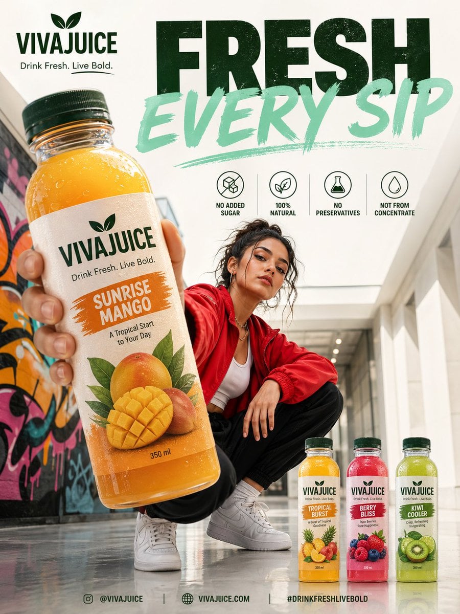 Create a premium modern beverage advertisement poster in a vertical 3:4 format featuring …