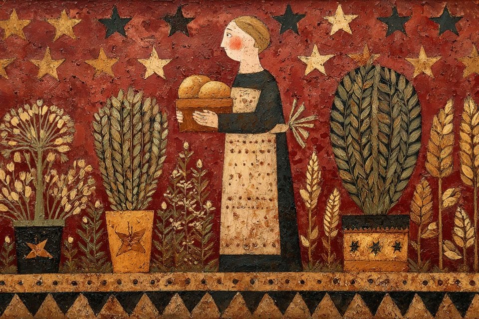 A naive folk art painting of [subject], surrounded by symbolic plants, stars, and decorat…