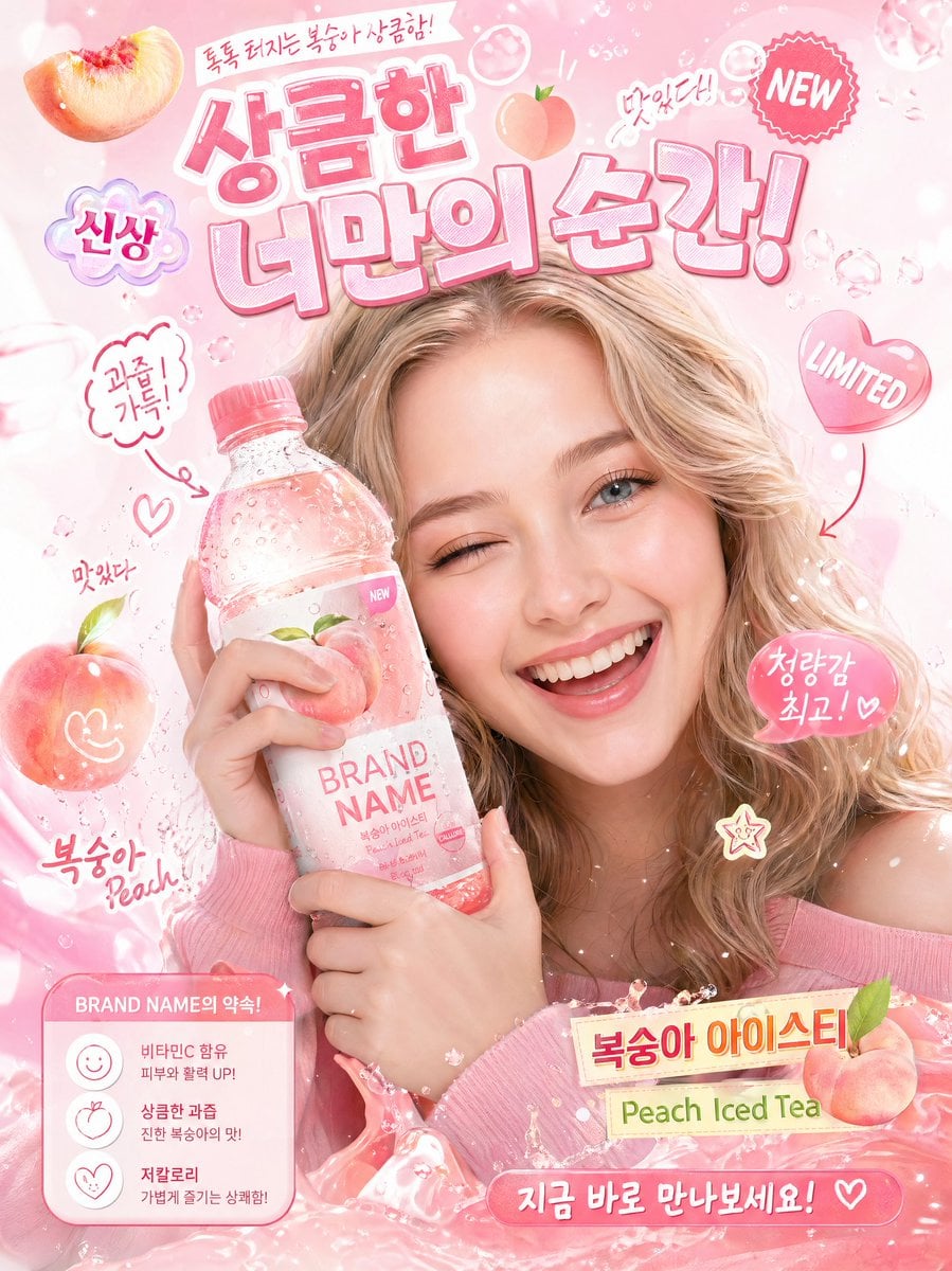 A high-quality, interactive Korean-style poster featuring a cheerful, expressive girl as …
