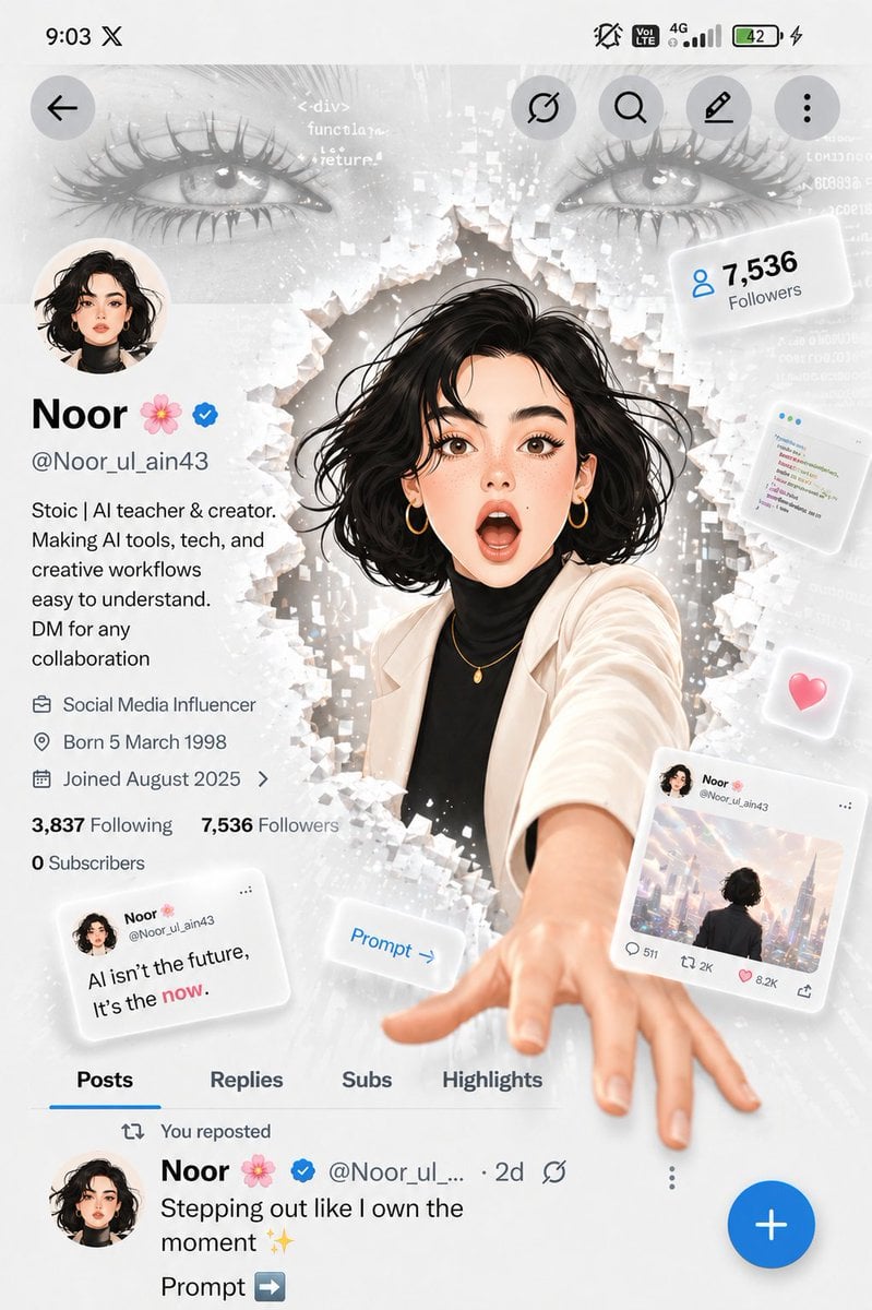 A futuristic social media profile UI in a clean white minimal aesthetic, inspired by mode…