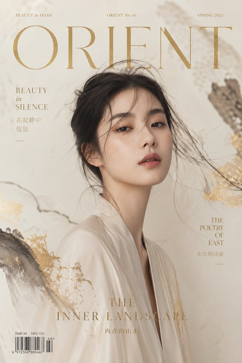 Luxury editorial cover, title "ZEN MODE", featuring a conceptual portrait of a modern Asi…
