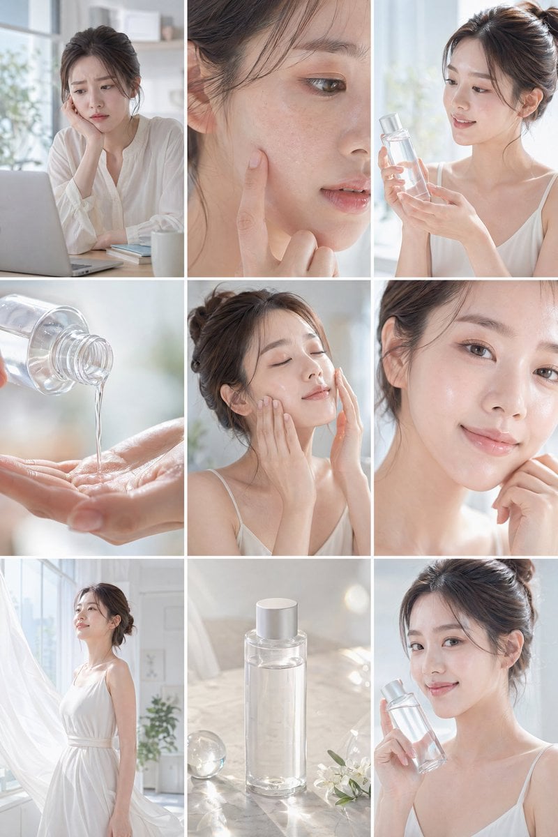 Create a clean, bright skincare commercial storyboard in a 16:9 layout with 9 panels. Use…