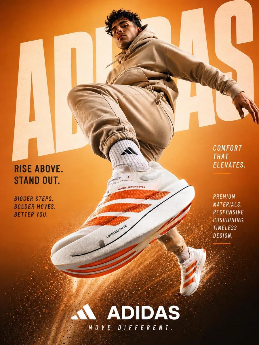 A dynamic sportswear advertisement featuring a young athletic male model captured mid-air…