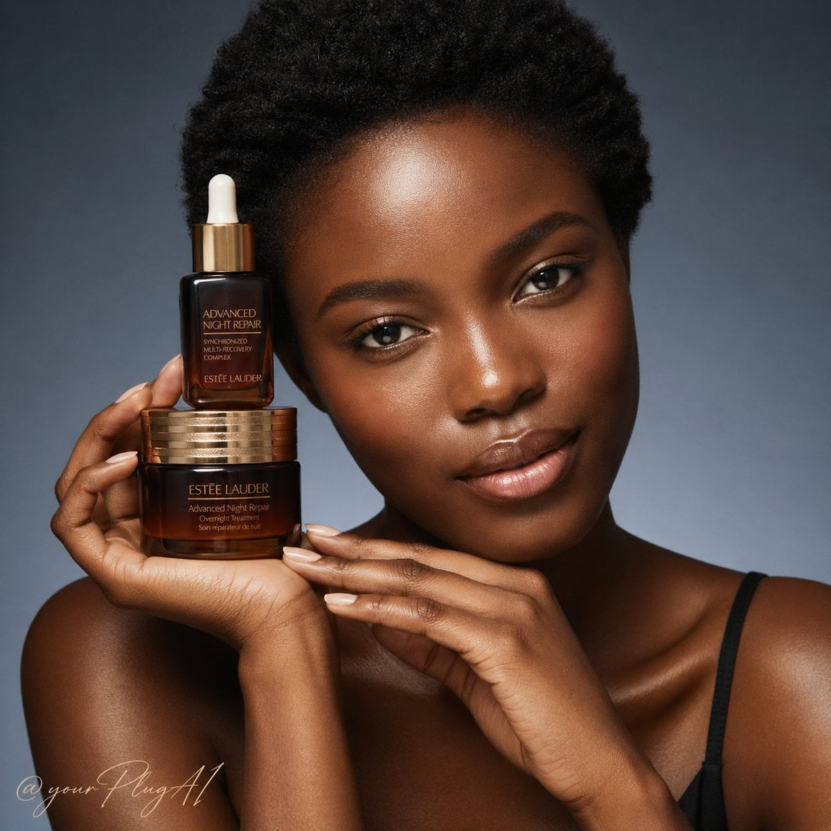 A high-end luxury skincare campaign portrait featuring [MODEL_DESCRIPTION] with [SKIN_TEX…