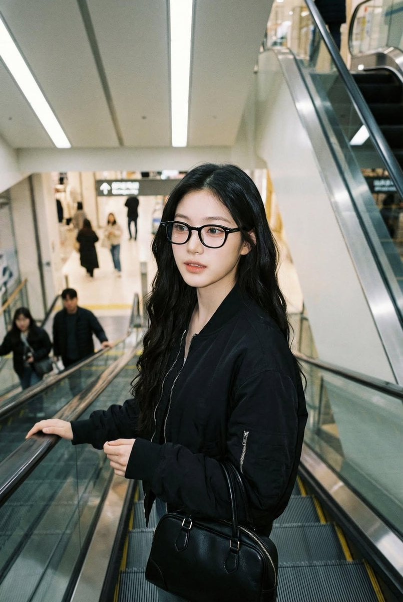 Photorealistic iPhone candid of a woman on an escalator, using the exact face and identit…