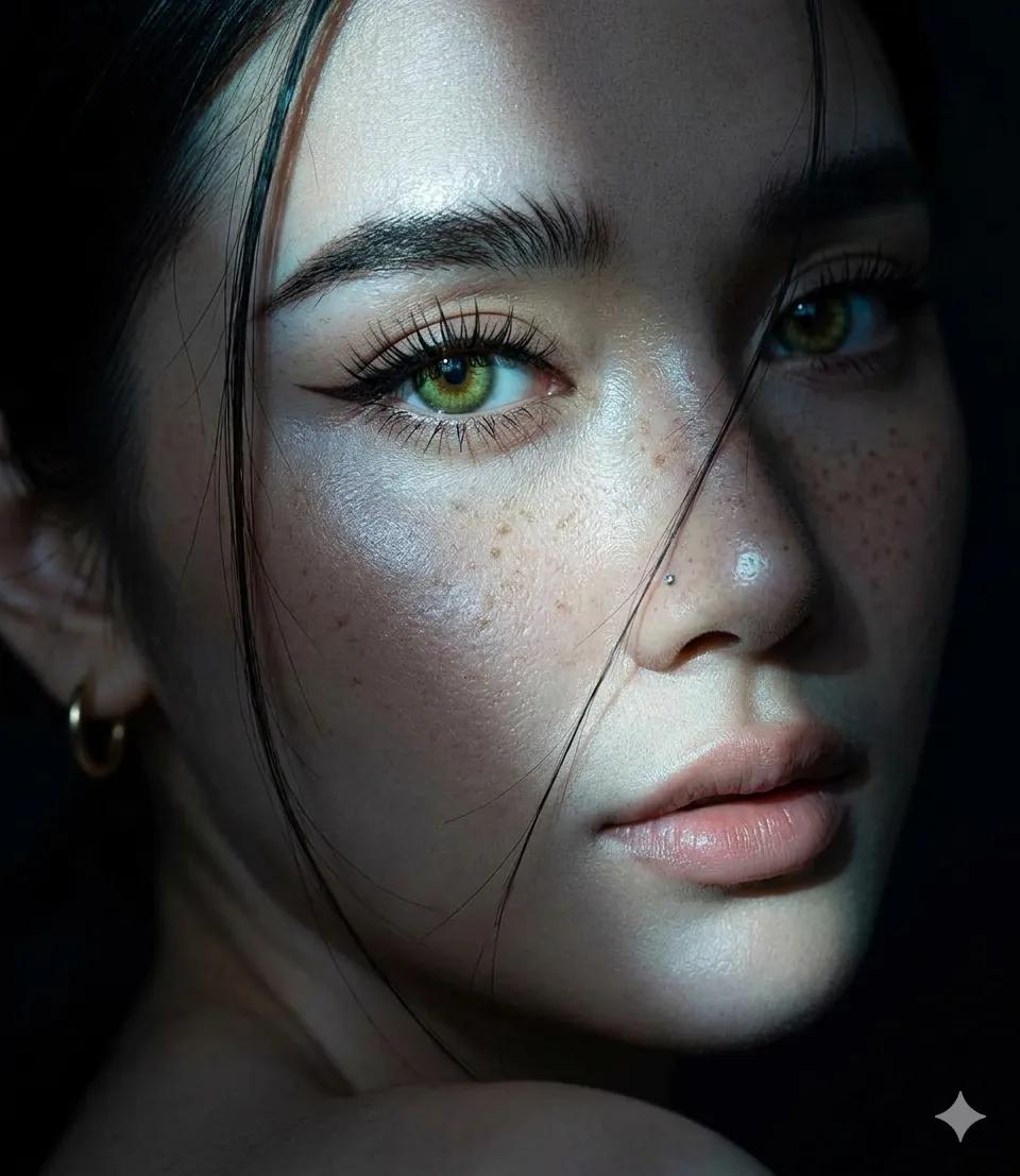 Create an extreme close-up portrait of a beautiful young woman who is turning her head to…