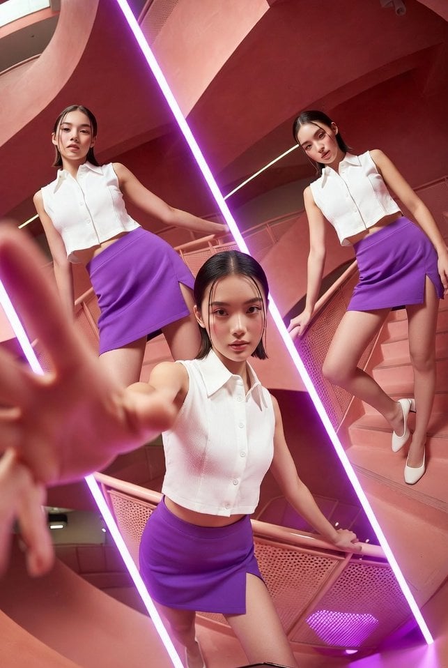 A vibrant, high-fashion commercial photoshoot featuring a young stylish woman posing in m…