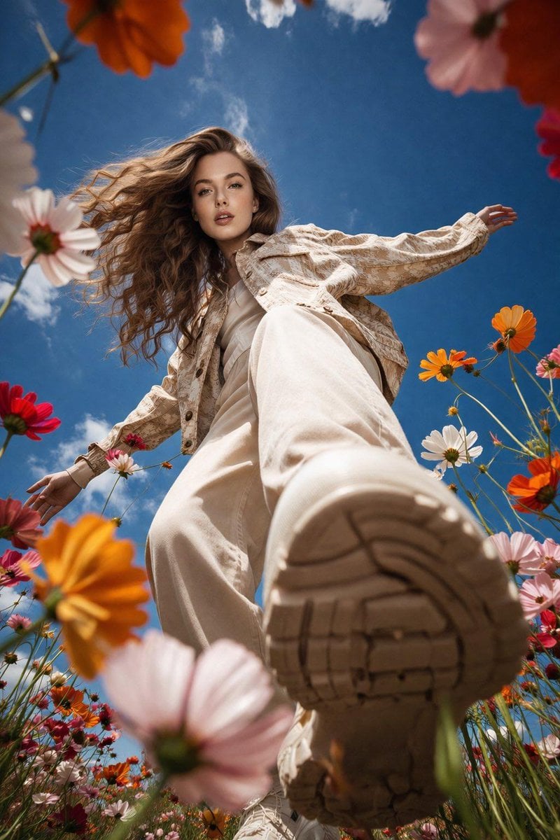 A cinematic ultra-wide low-angle shot of a stylish young woman walking through a vibrant …
