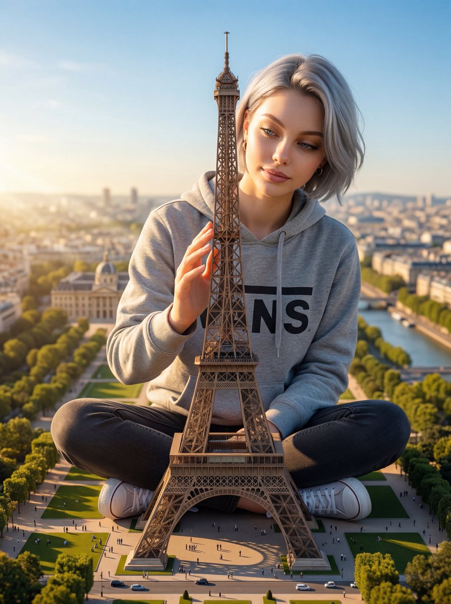 A titanic 600-meter tall woman sitting cross-legged on Champ de Mars in Paris. She leans …