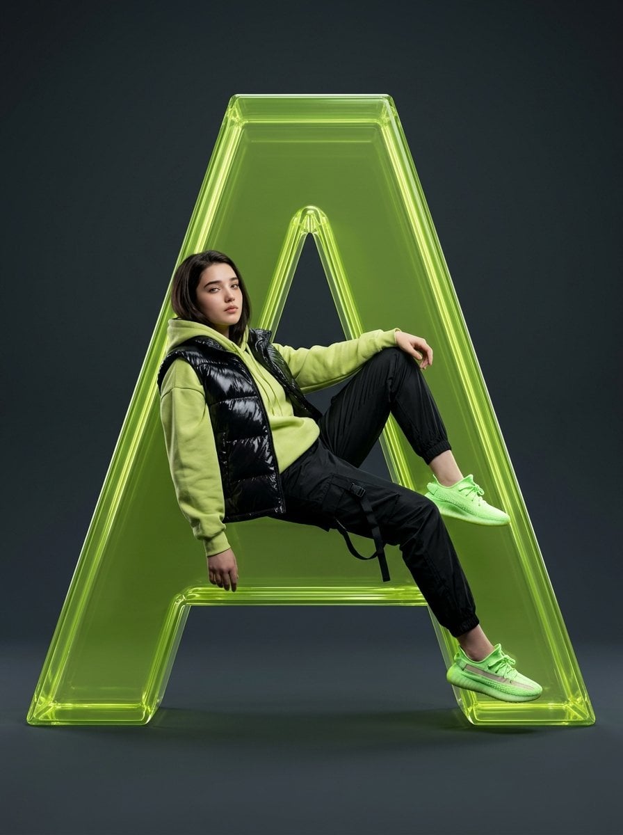 Full-body studio fashion portrait of a female subject with uploaded face as reference, lo…