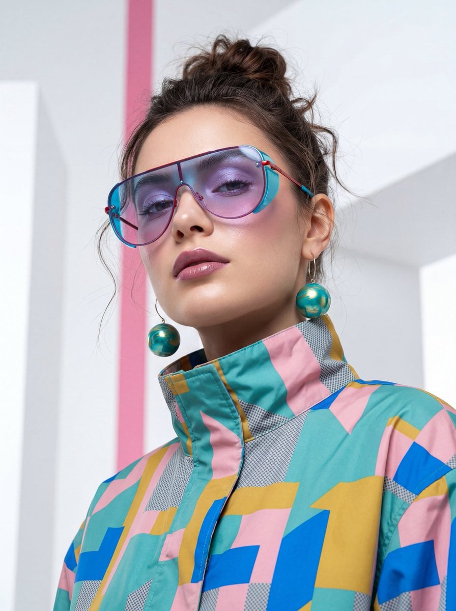 A high-fashion, cinematic portrait of a young woman with a sharp, modern aesthetic. She i…